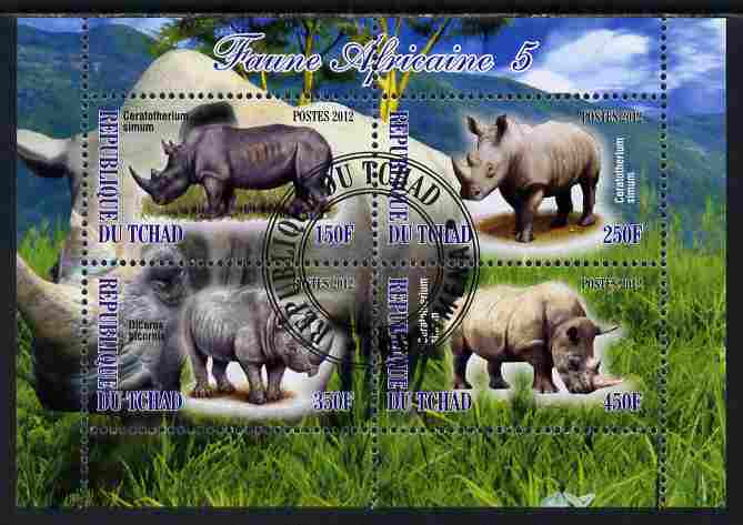 Chad 2012 African Fauna #05 perf sheetlet containing 4 values cto used, stamps on animals, stamps on rhinos