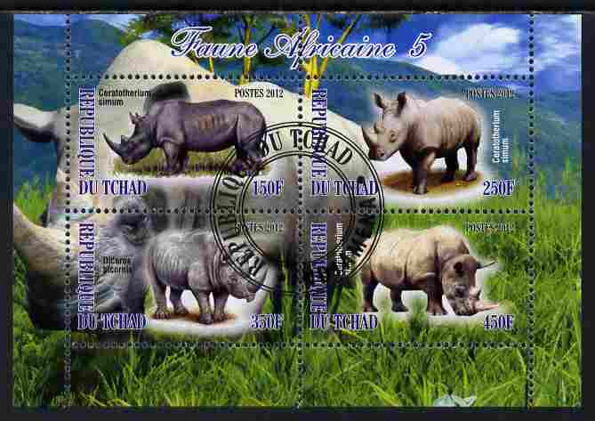 Chad 2012 African Fauna #05 perf sheetlet containing 4 values cto used, stamps on , stamps on  stamps on animals, stamps on  stamps on rhinos