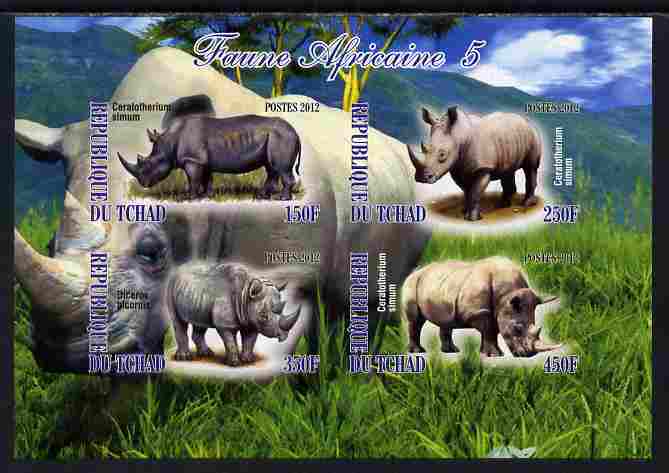 Chad 2012 African Fauna #05 imperf sheetlet containing 4 values unmounted mint, stamps on animals, stamps on rhinos