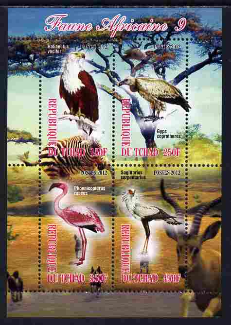 Chad 2012 African Fauna #09 perf sheetlet containing 4 values unmounted mint, stamps on animals, stamps on birds, stamps on eagles, stamps on birds of prey, stamps on flamingos