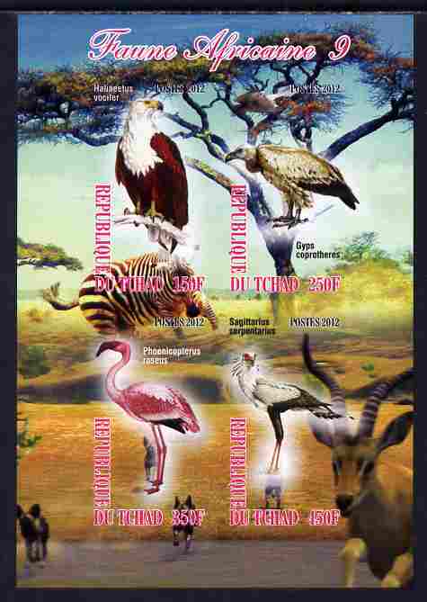 Chad 2012 African Fauna #09 imperf sheetlet containing 4 values unmounted mint, stamps on animals, stamps on birds, stamps on eagles, stamps on birds of prey, stamps on flamingos