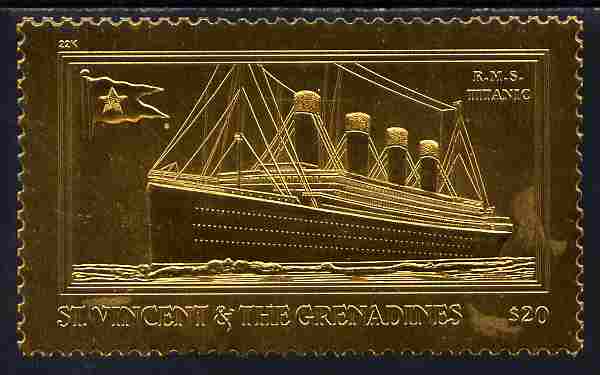 St Vincent 1997 85th Anniversary of Sinking of RMS Titanic $20 embossed in 22k gold foil unmounted mint , stamps on ships, stamps on disasters