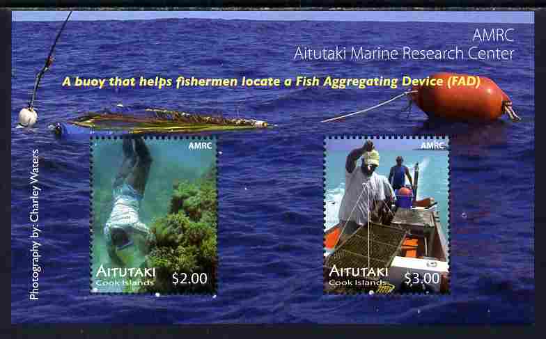 Cook Islands - Aitutaki 2011 Marine Research Centre perf m/sheet containing 2 values unmounted mint , stamps on , stamps on  stamps on fishing, stamps on  stamps on shells, stamps on  stamps on marine life, stamps on  stamps on scuba