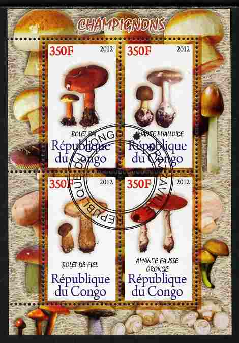 Congo 2012 Mushrooms perf sheetlet containing 4 values cto used , stamps on fungi