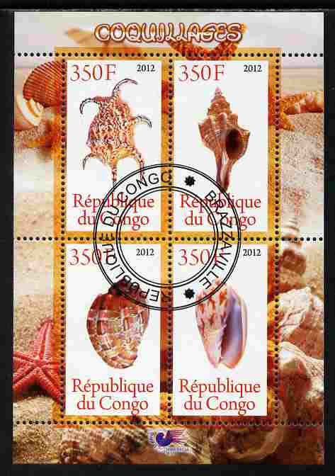 Congo 2012 Shells perf sheetlet containing 4 values cto used , stamps on shells, stamps on marine life