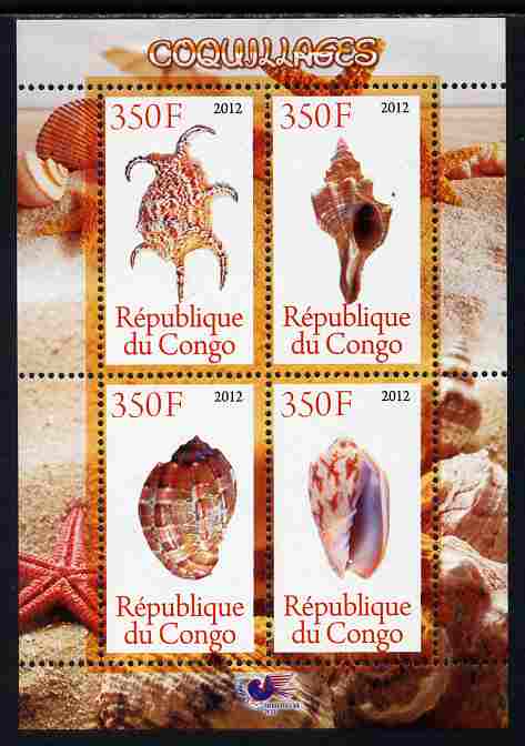 Congo 2012 Shells perf sheetlet containing 4 values unmounted mint , stamps on shells, stamps on marine life