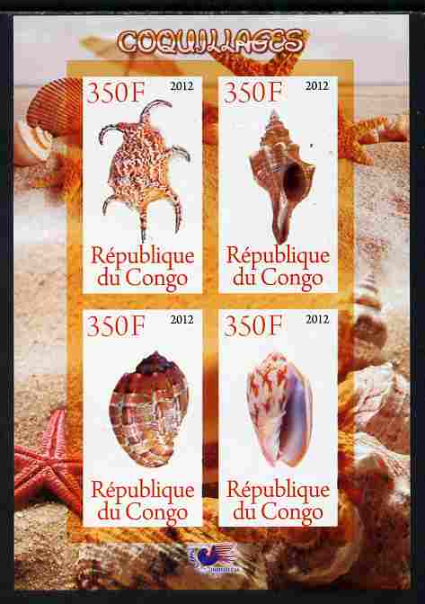 Congo 2012 Shells imperf sheetlet containing 4 values unmounted mint , stamps on shells, stamps on marine life