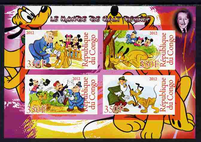 Congo 2012 Disney Cartoons #1 imperf sheetlet containing 4 values unmounted mint , stamps on disney, stamps on cartoons, stamps on films, stamps on cinema, stamps on movies