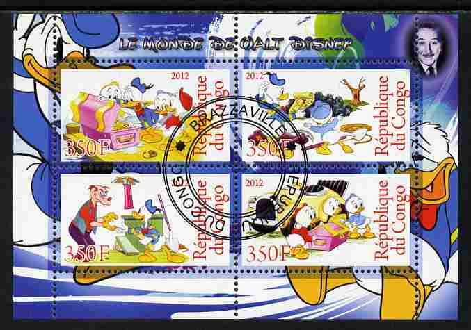 Congo 2012 Disney Cartoons #3 perf sheetlet containing 4 values cto used , stamps on disney, stamps on cartoons, stamps on films, stamps on cinema, stamps on movies