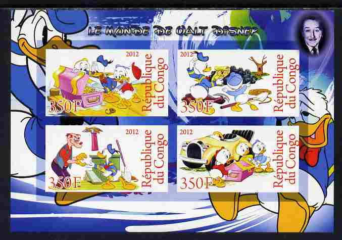 Congo 2012 Disney Cartoons #3 imperf sheetlet containing 4 values unmounted mint , stamps on disney, stamps on cartoons, stamps on films, stamps on cinema, stamps on movies