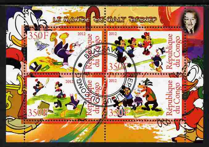 Congo 2012 Disney Cartoons #4 perf sheetlet containing 4 values cto used , stamps on disney, stamps on cartoons, stamps on films, stamps on cinema, stamps on movies