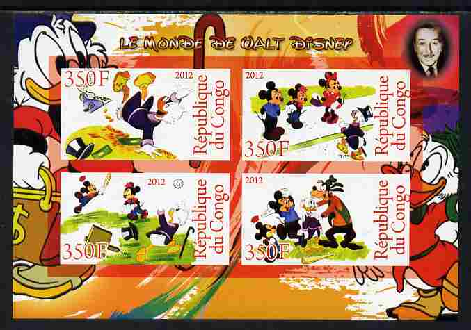 Congo 2012 Disney Cartoons #4 imperf sheetlet containing 4 values unmounted mint , stamps on disney, stamps on cartoons, stamps on films, stamps on cinema, stamps on movies