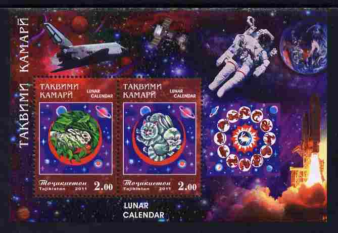 Tadjikistan 2011 Chinese New Year - Year of the Dragon perf sheetlet containing 2 values unmounted mint , stamps on lunar, stamps on dragons
