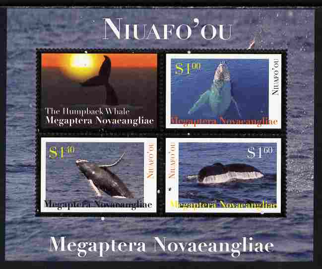 Tonga - Niuafoou 2011 Whales #1 perf sheetlet containing 3 values plus label unmounted mint , stamps on whales, stamps on marine life