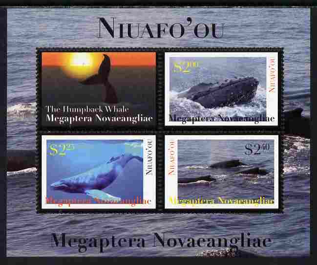 Tonga - Niuafoou 2011 Whales #2 perf sheetlet containing 3 values plus label unmounted mint , stamps on whales, stamps on marine life