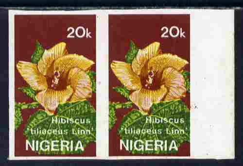 Nigeria 1987 Flowers - Hibiscus 20k imperf marginal pair unmounted mint (believed to be previously unrecorded imperf) as SG544, stamps on flowers