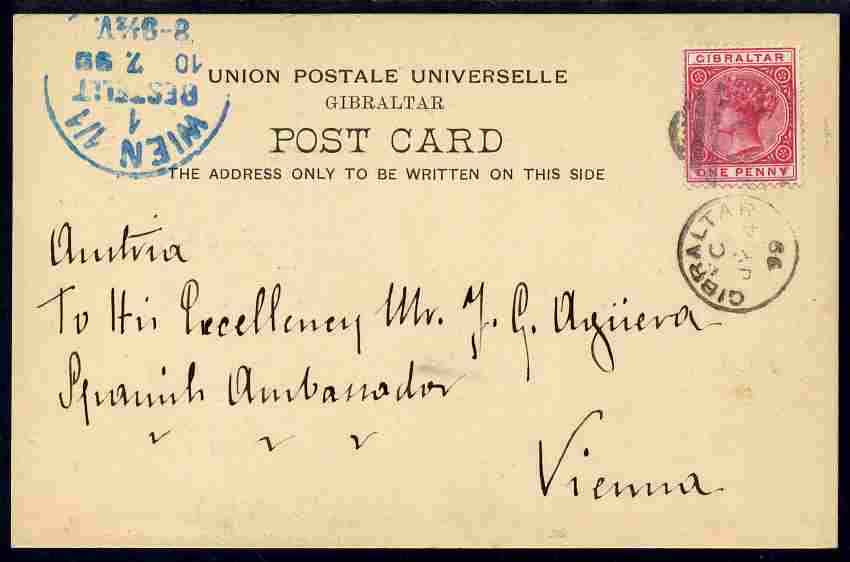 Gibraltar 1899 UPU picture Potcard (Europa Point) to Austra (addressed to Spanish Ambassador) bearing QV 1d with Gib duplex C code, stamps on 