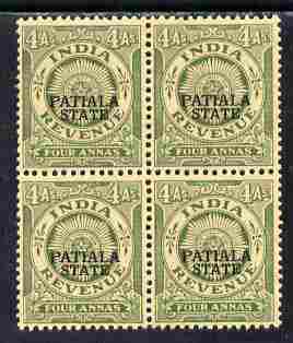 Indian States - Patiala 1934-49 4a green British Indian Revenue type opt'd Patiala State in block of 4, usual toned gum but unmounted mint, stamps on , stamps on  stamps on indian states - patiala 1934-49 4a green british indian revenue type opt'd patiala state in block of 4, stamps on  stamps on  usual toned gum but unmounted mint