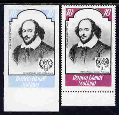 Bernera 1979 Int Year of the Child - Writers - William Shakespeare 18p imperf proof in blue & black only complete with perf label as issued both unmounted mint