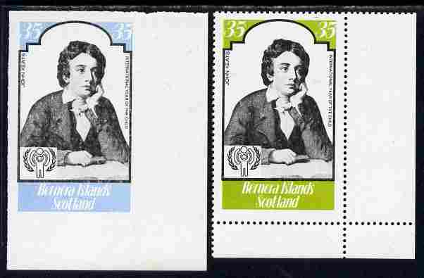 Bernera 1979 Int Year of the Child - Writers - John Keats 35p imperf proof in blue & black only complete with perf label as issued both unmounted mint, stamps on , stamps on  stamps on personalities, stamps on  stamps on literature, stamps on  stamps on keats, stamps on  stamps on  iyc , stamps on  stamps on 