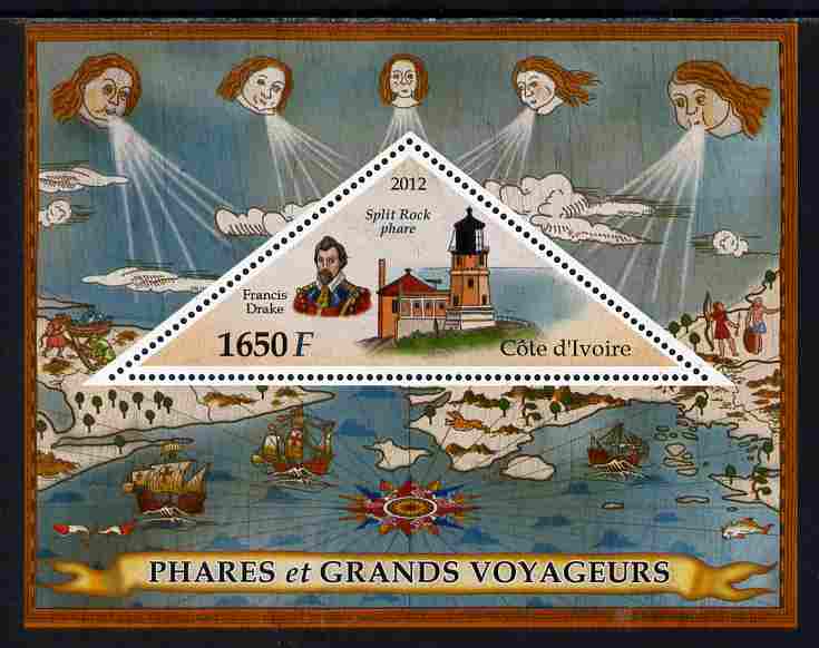 Ivory Coast 2012 Lighthouses & Explorers perf s/sheet containing large triangular value unmounted mint , stamps on triangulars, stamps on , stamps on personalities, stamps on lighthouses, stamps on drake, stamps on explorers, stamps on navigators, stamps on 