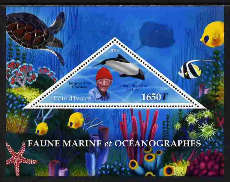 Ivory Coast 2012 Marine Mammals perf s/sheet containing large triangular value unmounted mint , stamps on triangulars, stamps on marine life, stamps on turtles, stamps on dolphins, stamps on fish, stamps on coral