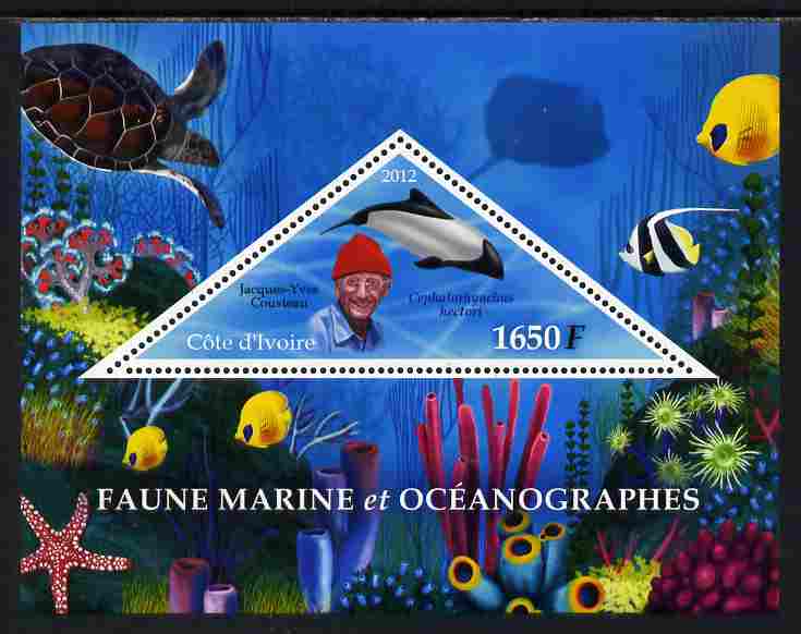 Ivory Coast 2012 Marine Mammals perf s/sheet containing large triangular value unmounted mint , stamps on , stamps on  stamps on triangulars, stamps on  stamps on marine life, stamps on  stamps on turtles, stamps on  stamps on dolphins, stamps on  stamps on fish, stamps on  stamps on coral