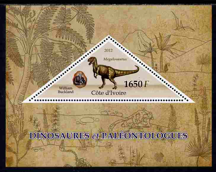 Ivory Coast 2012 Dinosaurs & Paleontologists perf s/sheet containing large triangular value unmounted mint , stamps on , stamps on  stamps on triangulars, stamps on  stamps on dinosaurs