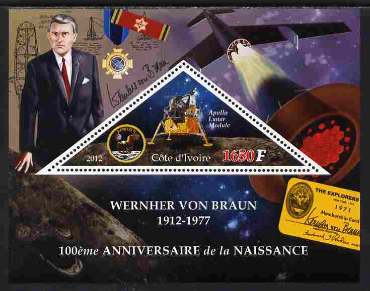 Ivory Coast 2012 100th Birth Anniversary of Wernher van Braun perf s/sheet containing large triangular value unmounted mint , stamps on triangulars, stamps on personalities, stamps on space, stamps on rockets