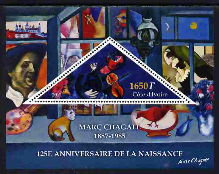 Ivory Coast 2012 125th Birth Anniversary of Marc Chagall perf s/sheet containing large triangular value unmounted mint , stamps on triangulars, stamps on personalities, stamps on arts, stamps on chagall