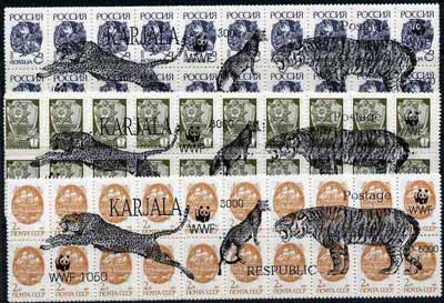 Karjala Republic - WWF Tigers opt set of 9 values (3 composite units) each unit opt'd on  block of 20 Russian defs (total 60 stamps) unmounted mint, stamps on , stamps on  stamps on wwf   animals    cats, stamps on  stamps on  wwf , stamps on  stamps on 