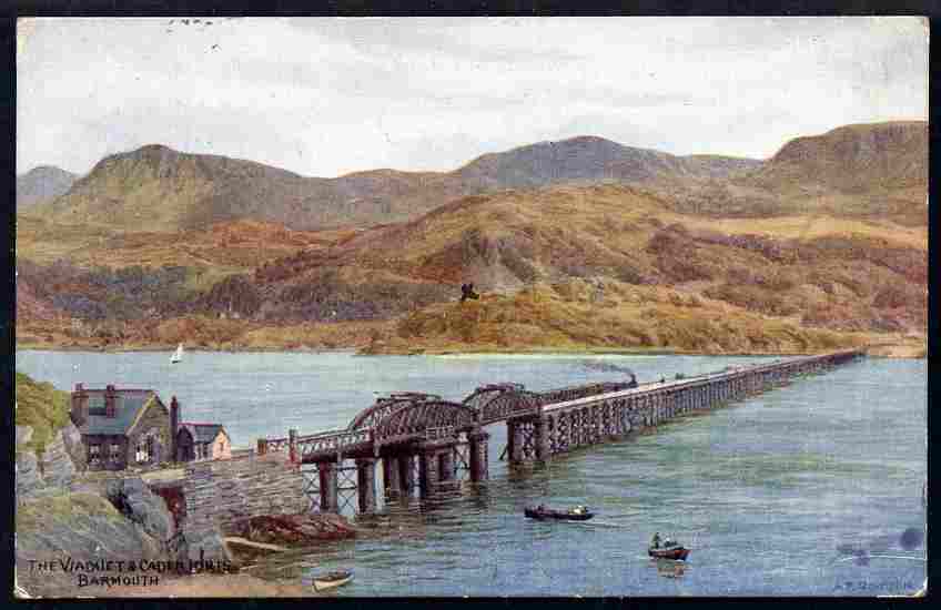 Postcard Viaduct & Cader Idris published by Salmon based on watercolour by A R Quinton 1926 usage and fine, stamps on bridges, stamps on mountains, stamps on arts