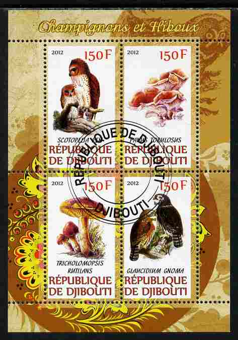 Djibouti 2012 Mushrooms & Owls #1 perf sheetlet containing 4 values cto used, stamps on fungi, stamps on birds, stamps on birds of prey, stamps on owls