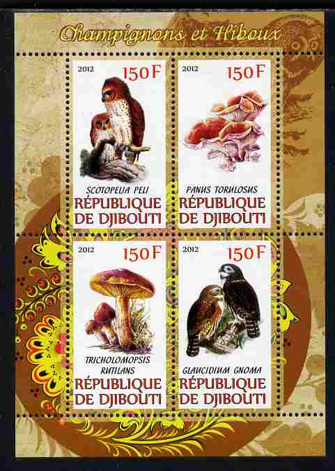 Djibouti 2012 Mushrooms & Owls #1 perf sheetlet containing 4 values unmounted mint, stamps on , stamps on  stamps on fungi, stamps on  stamps on birds, stamps on  stamps on birds of prey, stamps on  stamps on owls