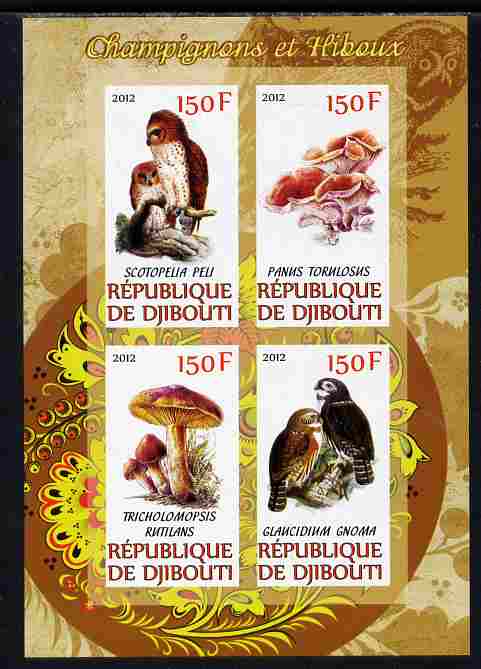 Djibouti 2012 Mushrooms & Owls #1 imperf sheetlet containing 4 values unmounted mint, stamps on fungi, stamps on birds, stamps on birds of prey, stamps on owls