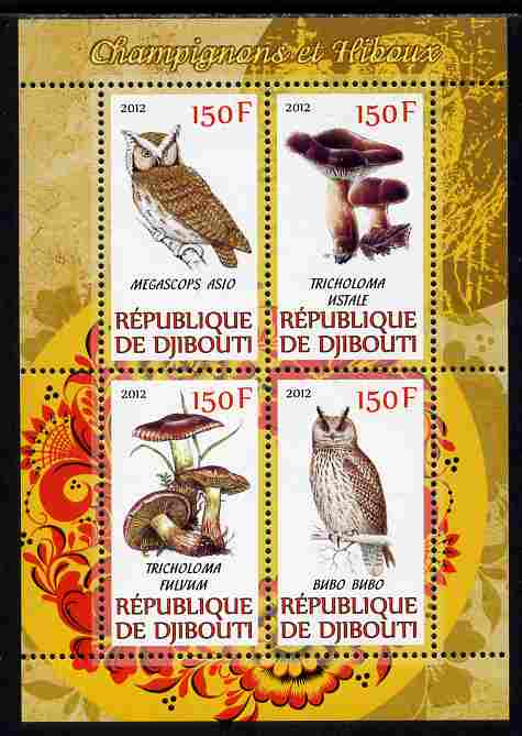 Djibouti 2012 Mushrooms & Owls #2 perf sheetlet containing 4 values unmounted mint, stamps on , stamps on  stamps on fungi, stamps on  stamps on birds, stamps on  stamps on birds of prey, stamps on  stamps on owls