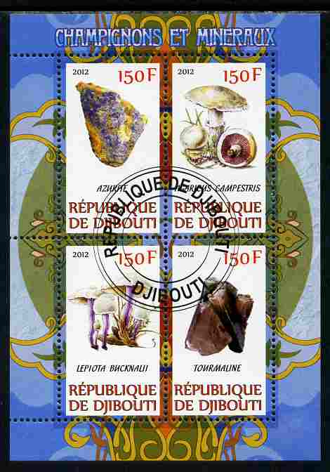 Djibouti 2012 Mushrooms & Minerals #1 perf sheetlet containing 4 values cto used, stamps on , stamps on  stamps on fungi, stamps on  stamps on minerals