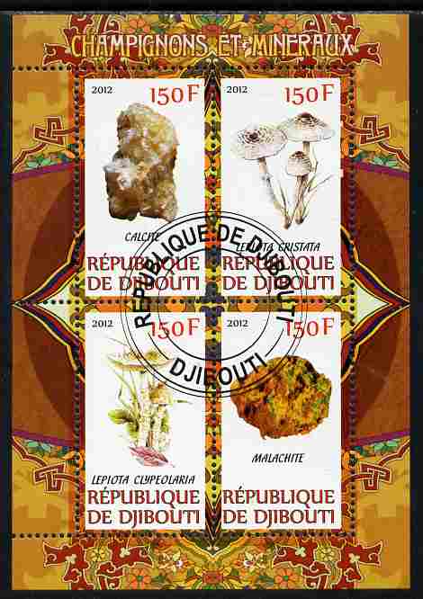 Djibouti 2012 Mushrooms & Minerals #2 perf sheetlet containing 4 values cto used, stamps on , stamps on  stamps on fungi, stamps on  stamps on minerals