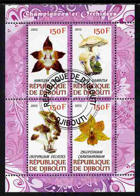 Djibouti 2012 Mushrooms & Orchids #1 perf sheetlet containing 4 values cto used, stamps on fungi, stamps on flowers, stamps on orchids