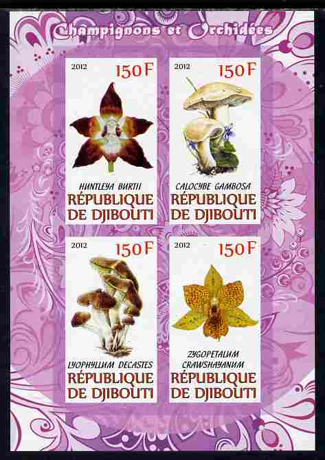 Djibouti 2012 Mushrooms & Orchids #1 imperf sheetlet containing 4 values unmounted mint, stamps on fungi, stamps on flowers, stamps on orchids