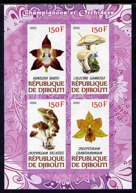 Djibouti 2012 Mushrooms & Orchids #1 imperf sheetlet containing 4 values unmounted mint, stamps on , stamps on  stamps on fungi, stamps on  stamps on flowers, stamps on  stamps on orchids