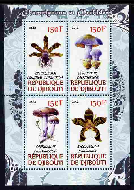 Djibouti 2012 Mushrooms & Orchids #2 perf sheetlet containing 4 values unmounted mint, stamps on , stamps on  stamps on fungi, stamps on  stamps on flowers, stamps on  stamps on orchids