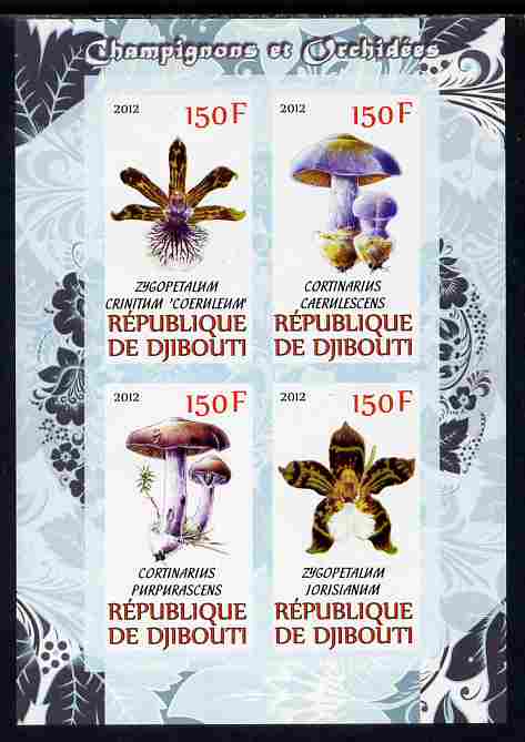 Djibouti 2012 Mushrooms & Orchids #2 imperf sheetlet containing 4 values unmounted mint, stamps on , stamps on  stamps on fungi, stamps on  stamps on flowers, stamps on  stamps on orchids