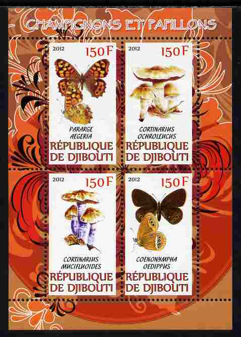Djibouti 2012 Mushrooms & Butterflies #1 perf sheetlet containing 4 values unmounted mint, stamps on fungi, stamps on butterflies