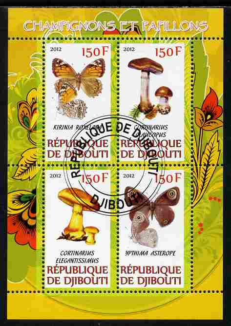 Djibouti 2012 Mushrooms & Butterflies #2 perf sheetlet containing 4 values cto used, stamps on , stamps on  stamps on fungi, stamps on  stamps on butterflies