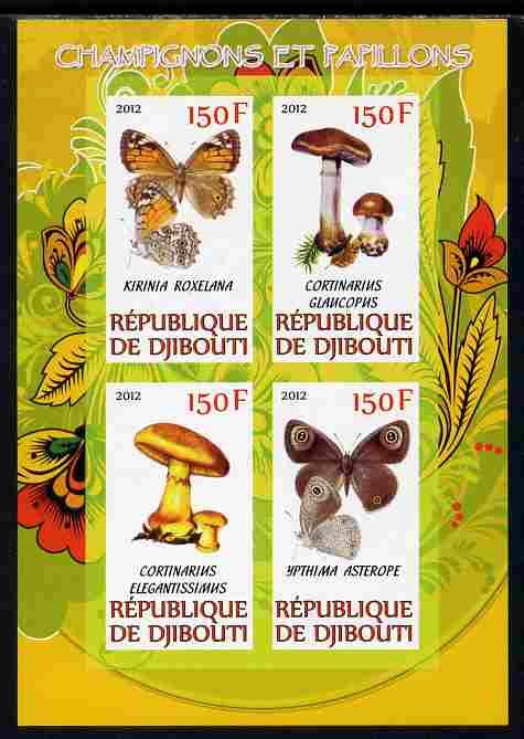 Djibouti 2012 Mushrooms & Butterflies #2 imperf sheetlet containing 4 values unmounted mint, stamps on fungi, stamps on butterflies