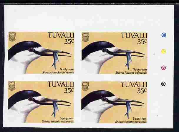 Tuvalu 1988 Sooty Tern 35c imperf corner plate block of 4 unmounted mint, SG 508var, stamps on birds
