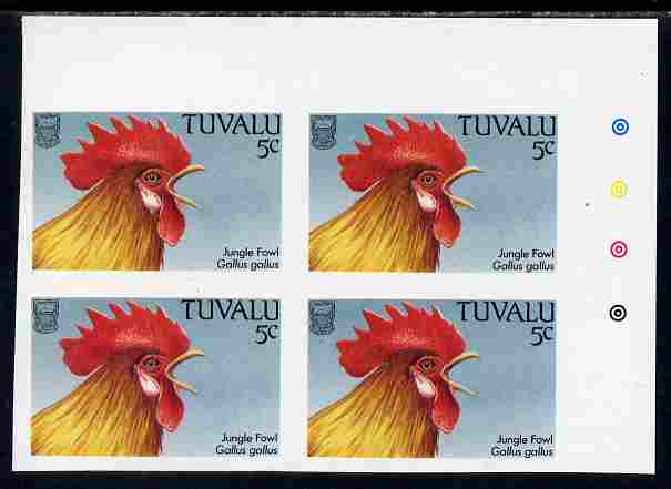 Tuvalu 1988 Red Junglefowl 5c imperf corner plate block of 4 unmounted mint, SG 502var, stamps on , stamps on  stamps on birds