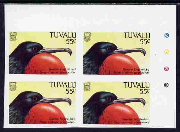 Tuvalu 1988 Greater Frigate Bird 55c imperf corner plate block of 4 unmounted mint, SG 512var, stamps on birds