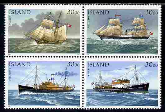 Iceland 1991 Stamp Day - Ships set of 4 in se-tenant block unmounted mint SG 777a, stamps on , stamps on  stamps on postal, stamps on  stamps on ships